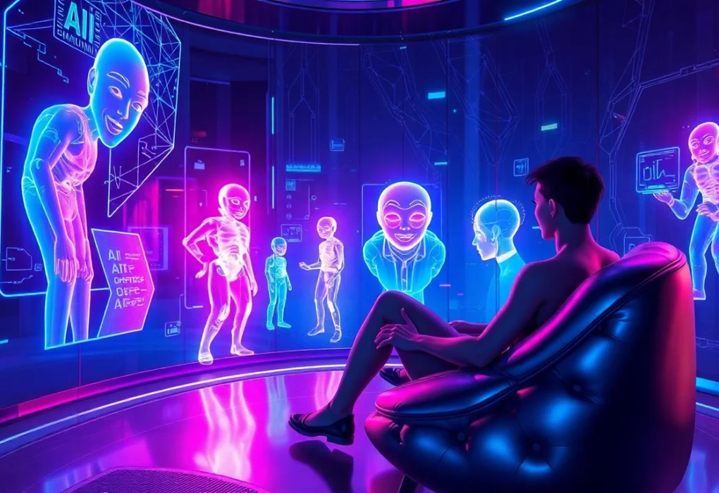 Futuristic scene of a person engaging with AI characters in a high-tech, immersive environment with holographic visuals and neon lighting.