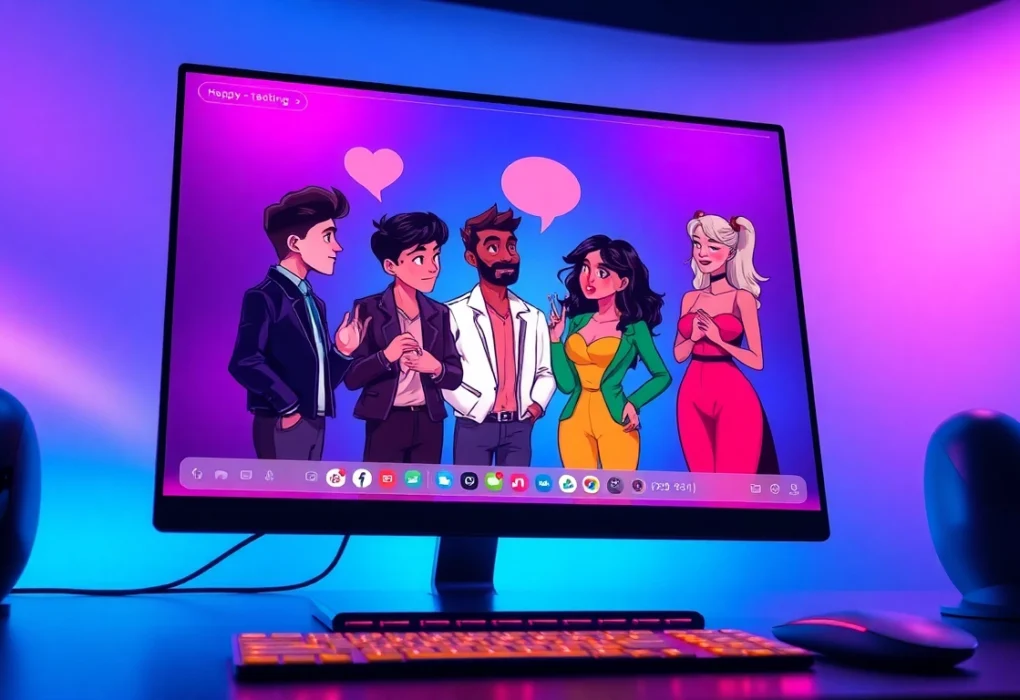 Futuristic digital scene of AI characters engaging in immersive visual NSFW chat interactions on a high-tech screen.