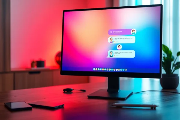 A computer screen showing an AI chat interface with colorful characters in a modern workspace setting.