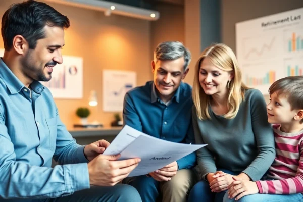 A trusted pension guide helping a family plan their retirement in a modern office setting