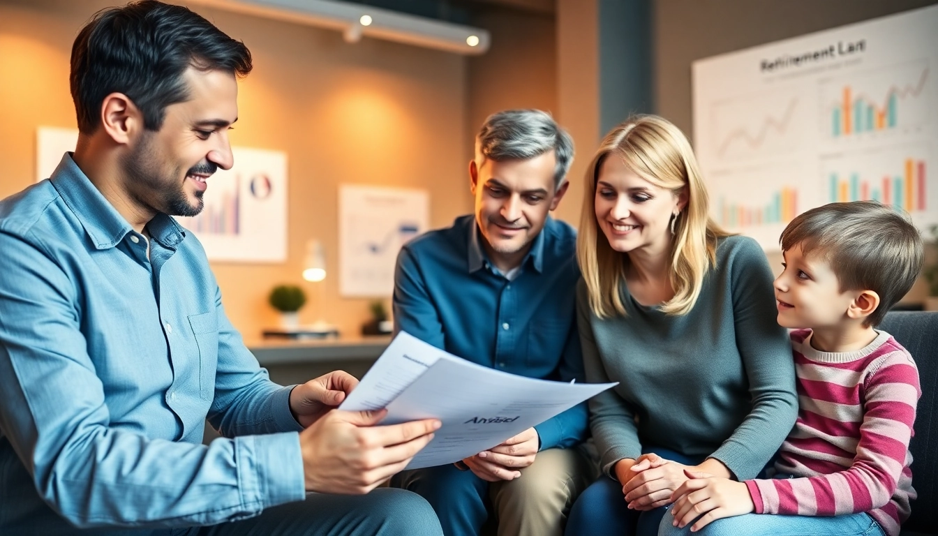 A trusted pension guide helping a family plan their retirement in a modern office setting